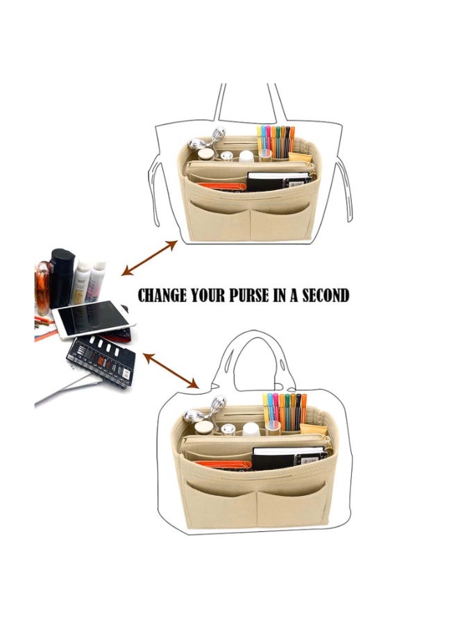 FAYET Large Felt Purse Organizer Insert with Zipper, Multi-Compartment Handbag Makeup Organizer, Travel Toiletry Storage Bag for Women - Image 3